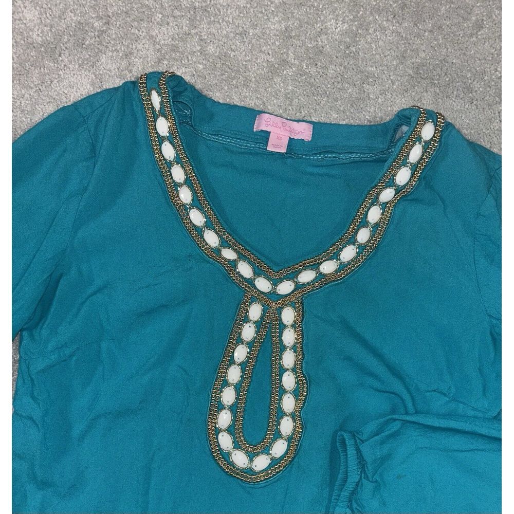 Lilly Pulitzer Violet Tunic Top in Deep Cyan Blue Size XS Gold Beaded Long Sleev